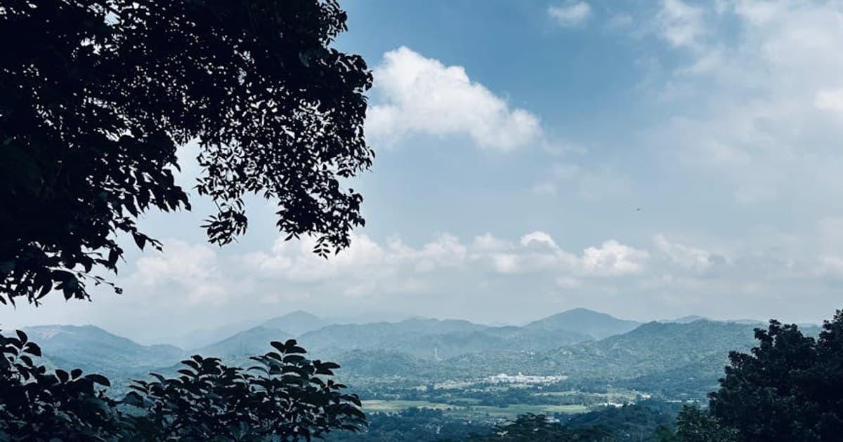 Breathtaking view of mountains framed by dense green foliage under a bright sky.